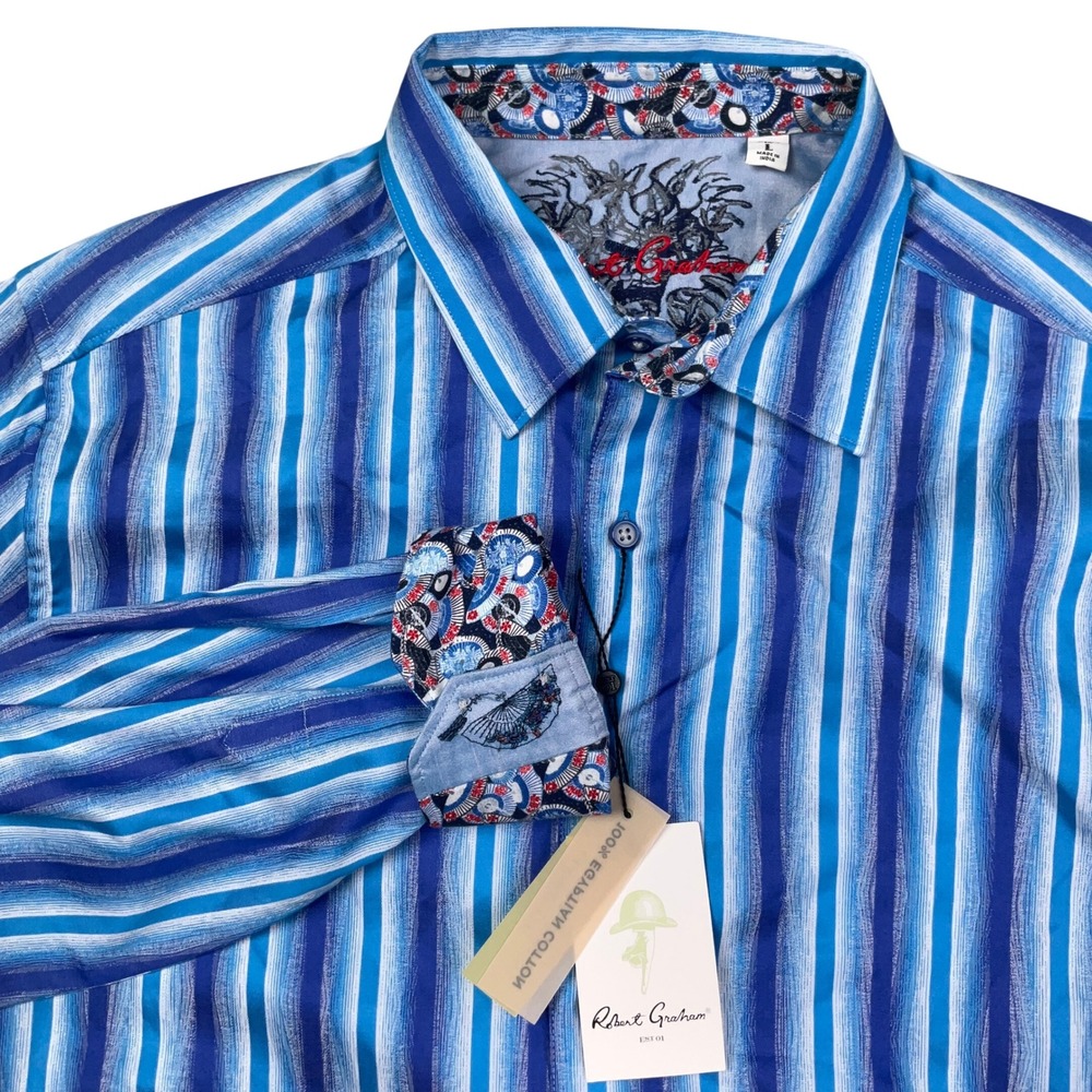 Robert Graham Shirt Mens L Blue Stripe Frances  Egyptian‎ Cotton Contrast Art